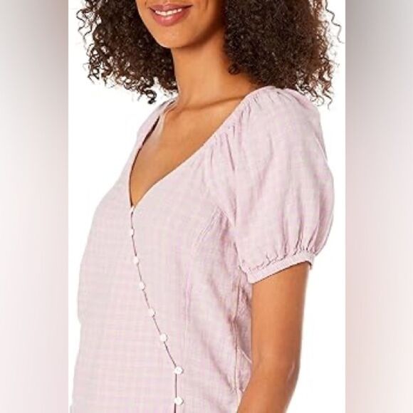 Madewell Linen-Blend Puff-Sleeve Button-Wrap Top in Plaid Lavender 3x - Picture 11 of 13
